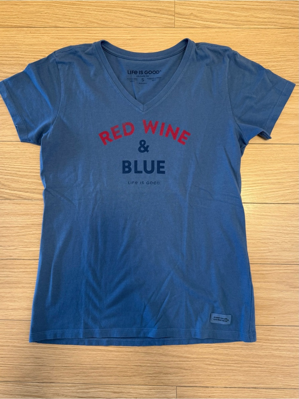 EUC! LIFE IS GOOD - Women’s Blue V-Neck Tee with Red & Navy Graphic, Sz Small